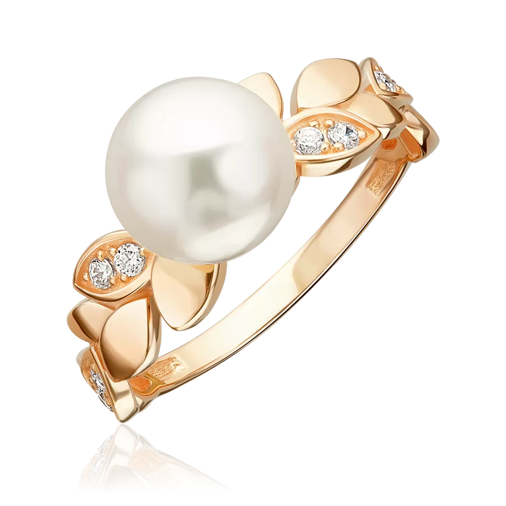 Кольцо из красного золота с жемчугом культивированным и фианитами 01-5965-00-302-1110