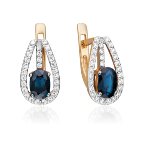 Серьги с английским замком из красного золота с сапфиром и бриллиантами