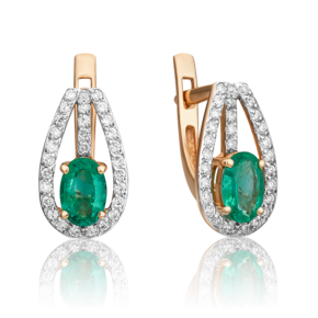 Серьги с английским замком из красного золота с изумрудом и бриллиантами