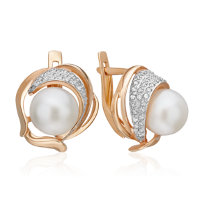 Серьги с английским замком из красного золота с жемчугом культивированным и фианитами 02-1378-00-302-1110-31