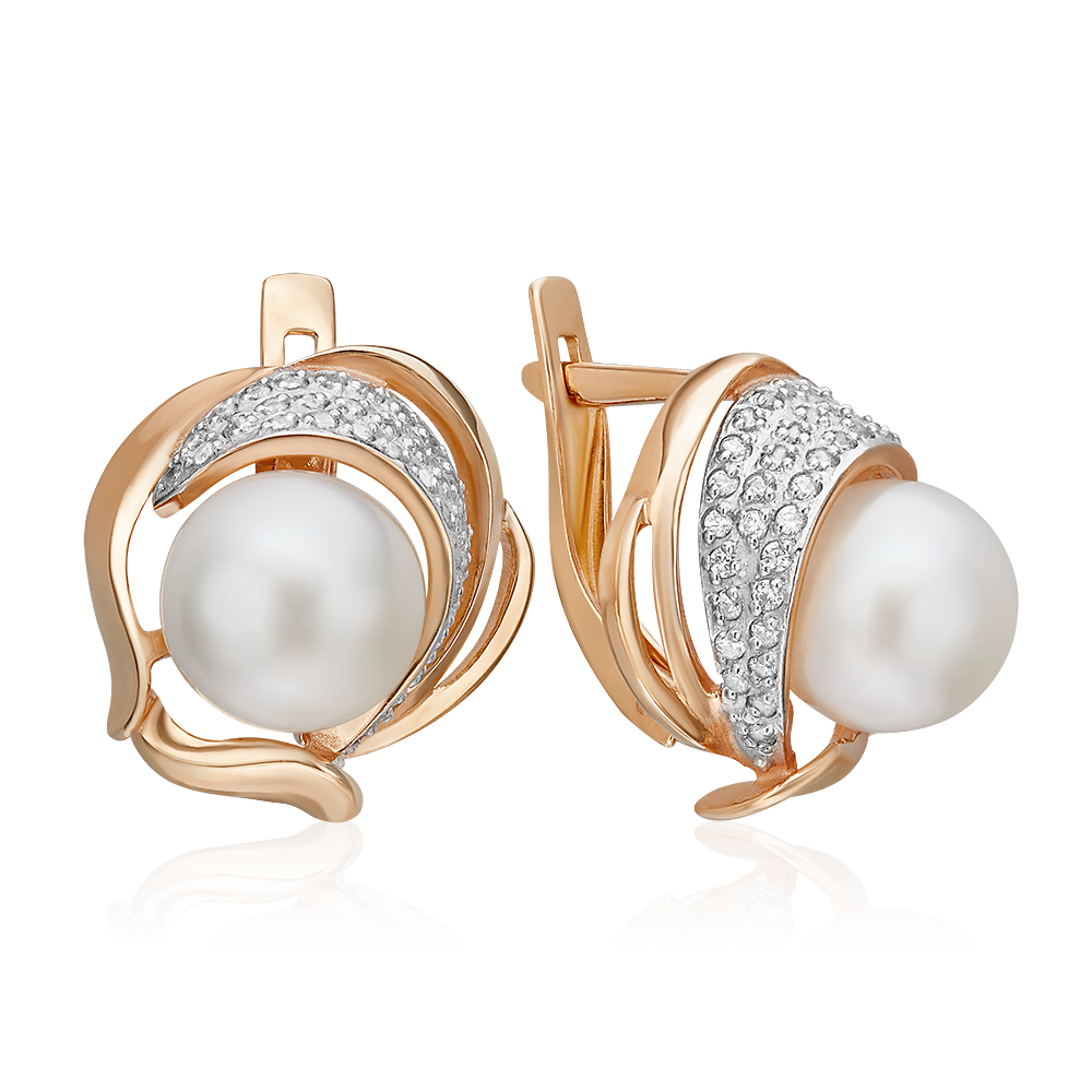 Серьги с английским замком из красного золота с жемчугом культивированным и фианитами 02-1378-00-302-1110-31