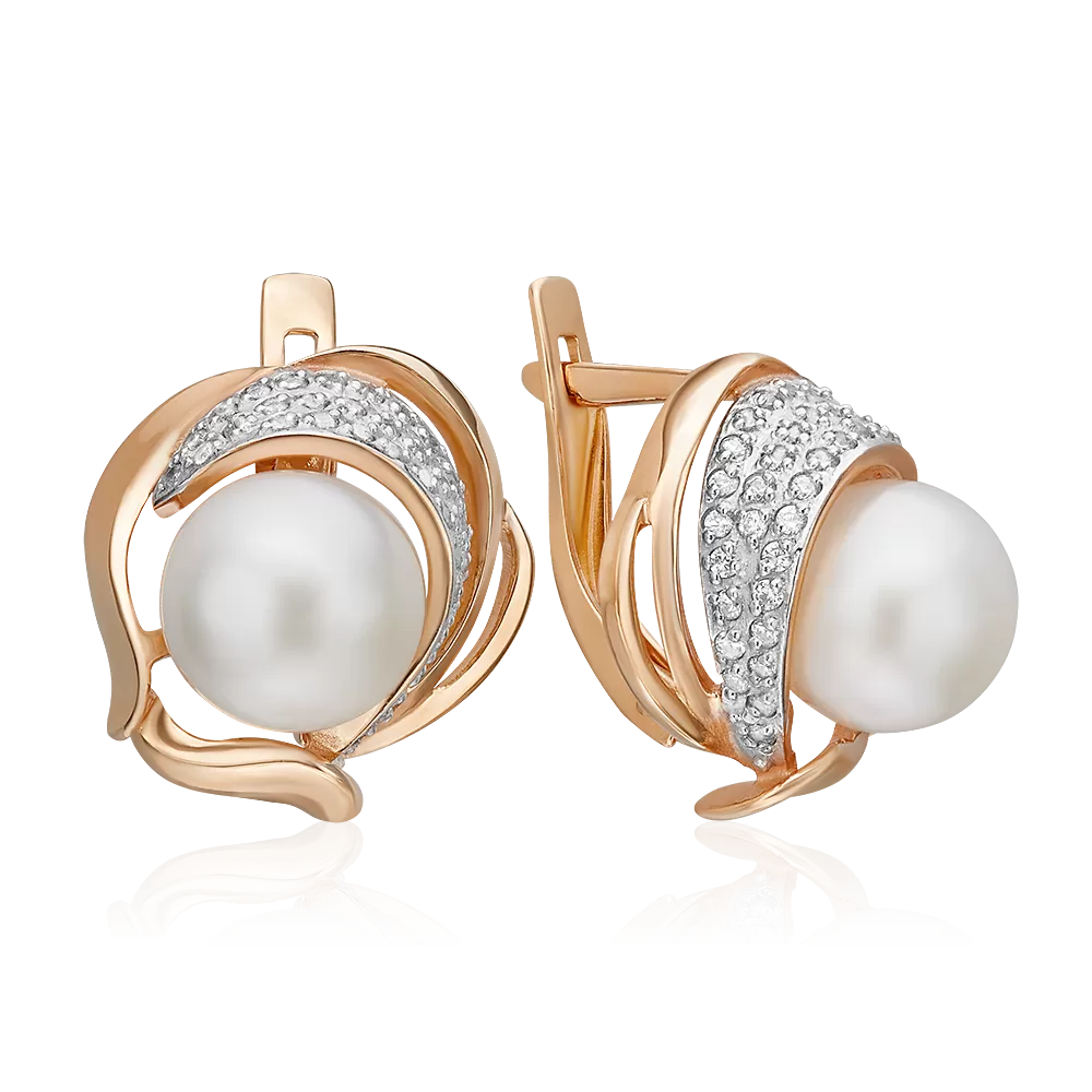 Серьги с английским замком из красного золота с жемчугом культивированным и фианитами 02-1378-00-302-1110-31