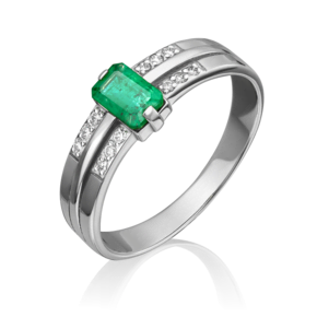 Кольцо из белого золота с изумрудом и бриллиантами