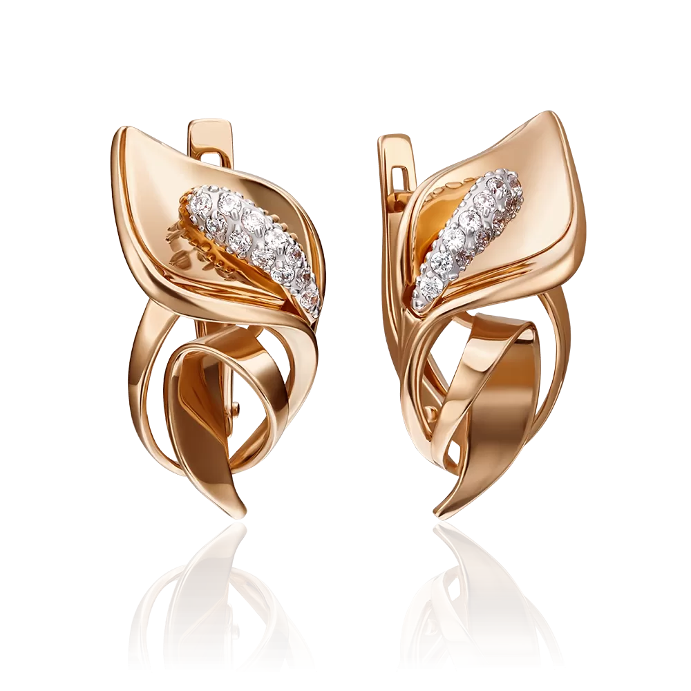 Серьги «Каллы» с английским замком из красного золота с фианитами 02-4280-00-401-1110-23