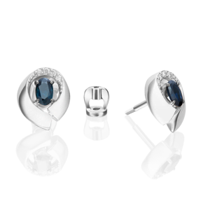 Серьги-пусеты из белого золота с сапфиром и бриллиантами