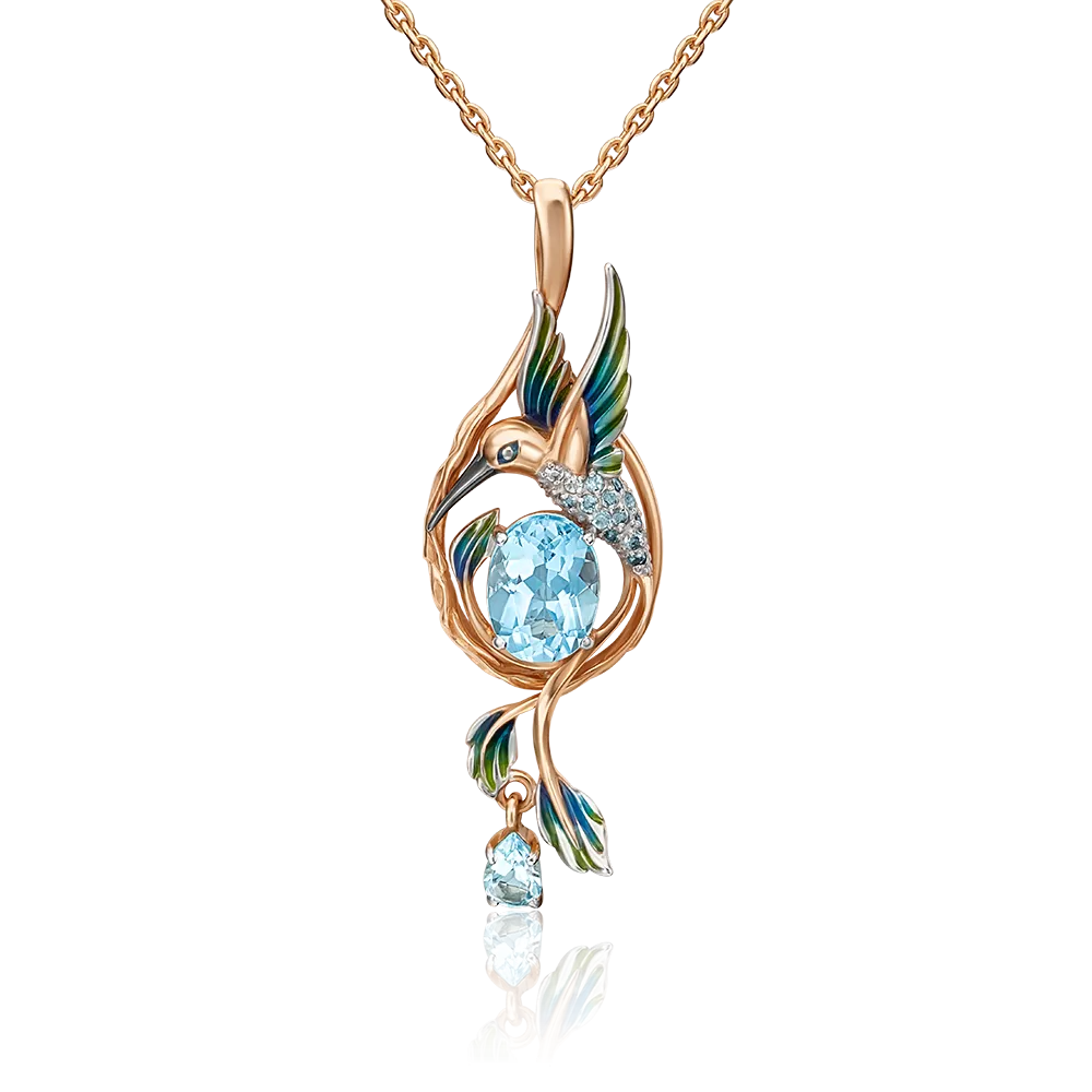 Подвеска «Колибри» из красного золота с топазами, натуральными топазами white и эмалью 03-3108-00-201-1110-57