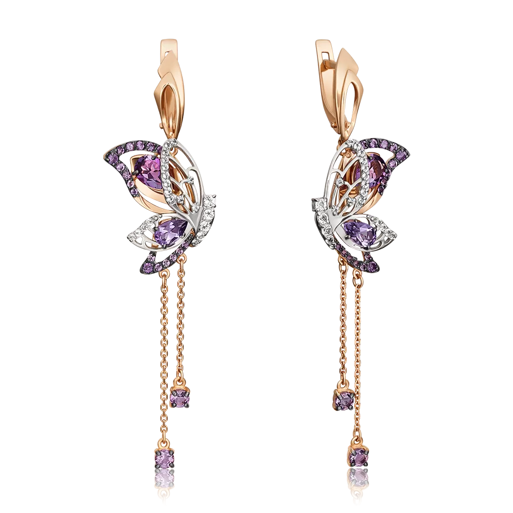 Серьги «Изящные бабочки» с английским замком из комбинированного золота с аметистами и натуральными топазами white 02-4571-00-225-1111-46