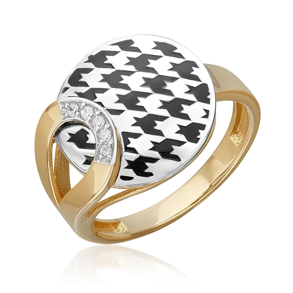 Кольцо с принтом «Гусиная лапка» из комбинированного золота с фианитами и эмалью 01-5717-00-401-1121