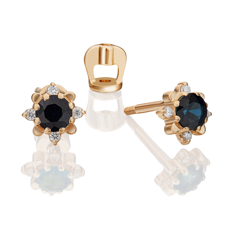 Серьги-пусеты из красного золота с сапфиром и бриллиантами 02-0297-00-105-1110-30