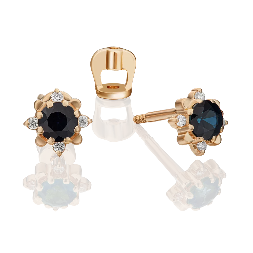 Серьги-пусеты из красного золота с сапфиром и бриллиантами 02-0297-00-105-1110-30