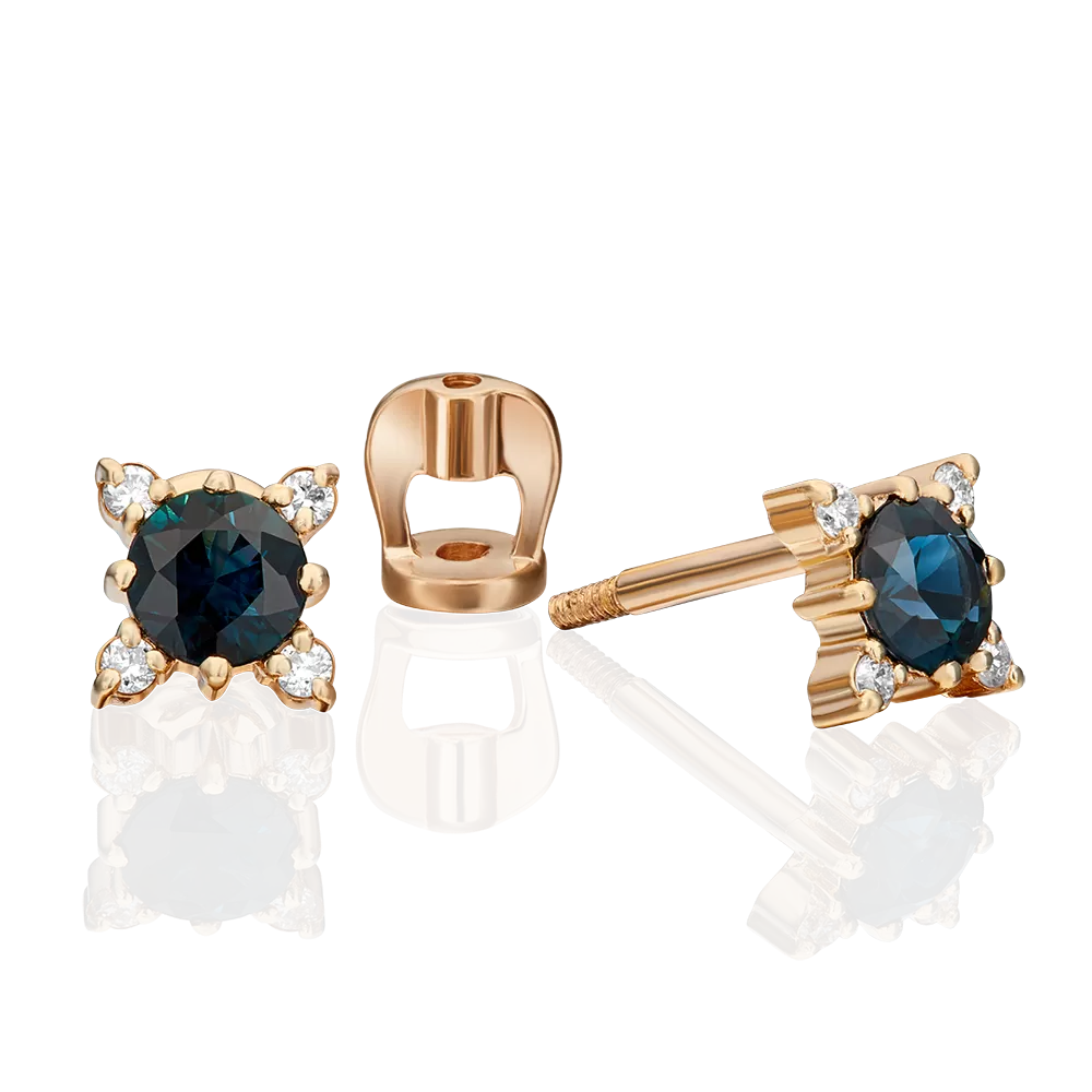 Серьги-пусеты из красного золота с сапфиром и бриллиантами 02-0299-00-105-1110-30