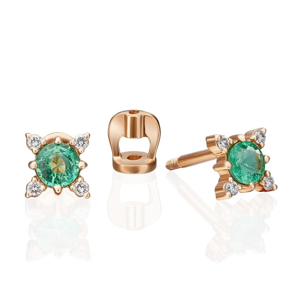 Серьги-пусеты из красного золота с изумрудом и бриллиантами 02-0299-00-106-1110-30