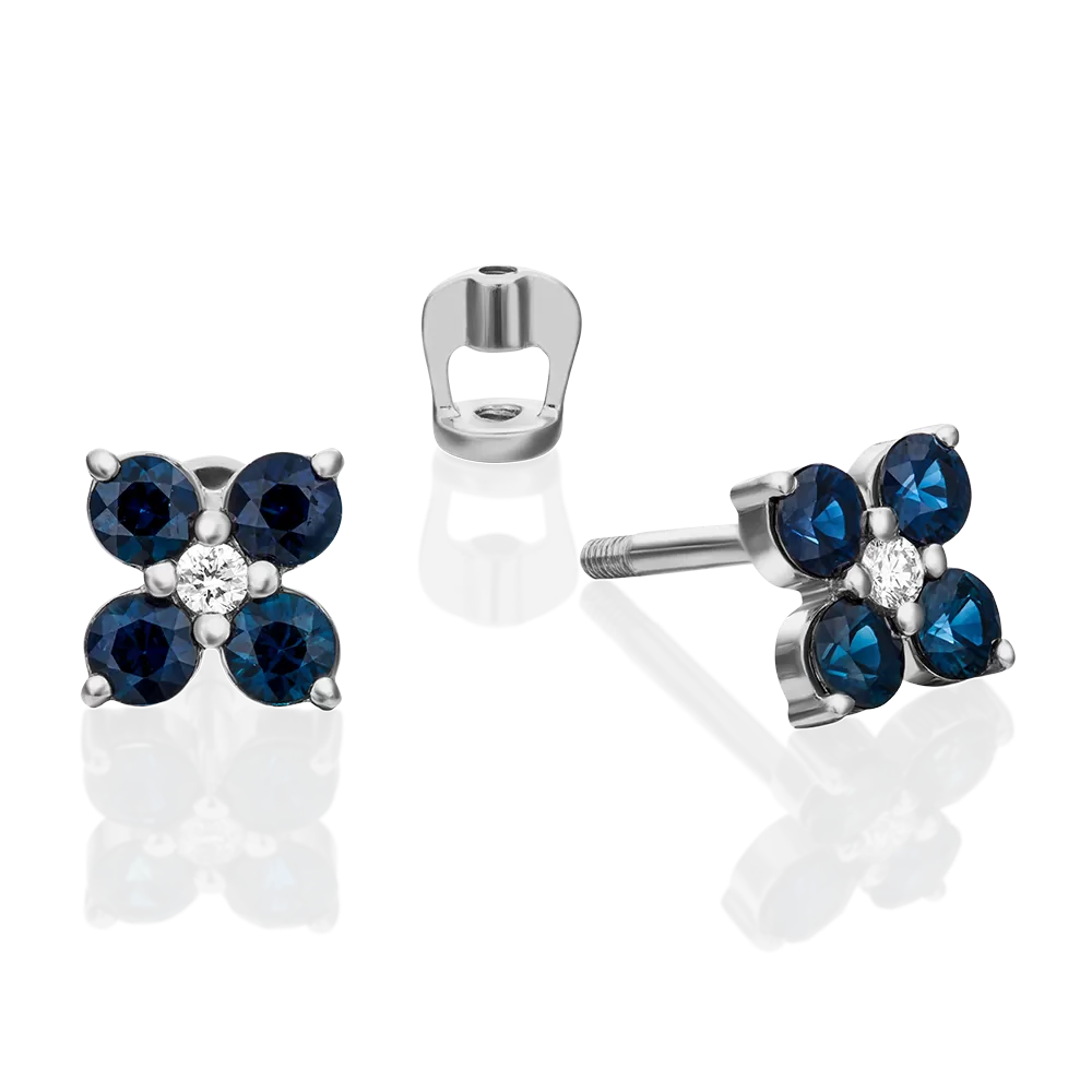 Серьги-пусеты из белого золота с сапфирами и бриллиантом 02-0302-00-105-1120-30