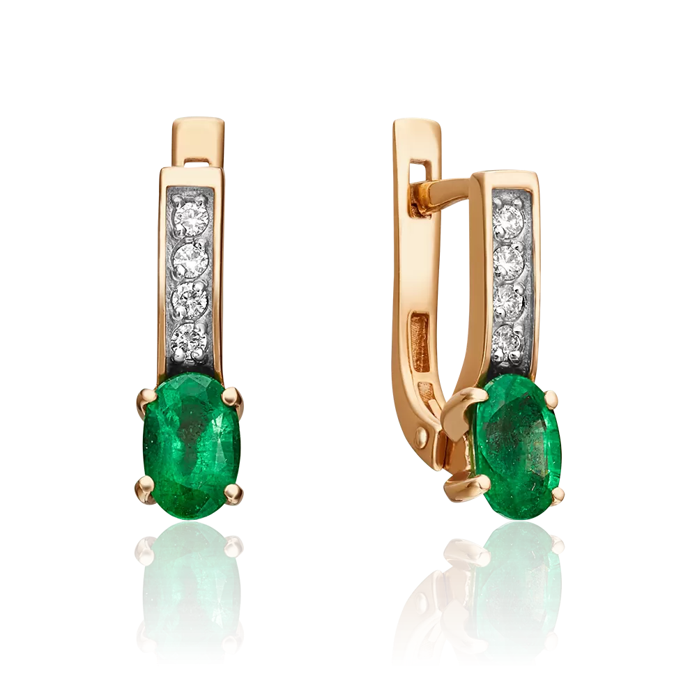 Серьги с английским замком из красного золота с изумрудом и бриллиантами 02-0303-00-106-1110-30