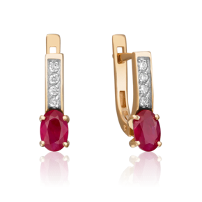 Серьги с английским замком из красного золота с рубином и бриллиантами