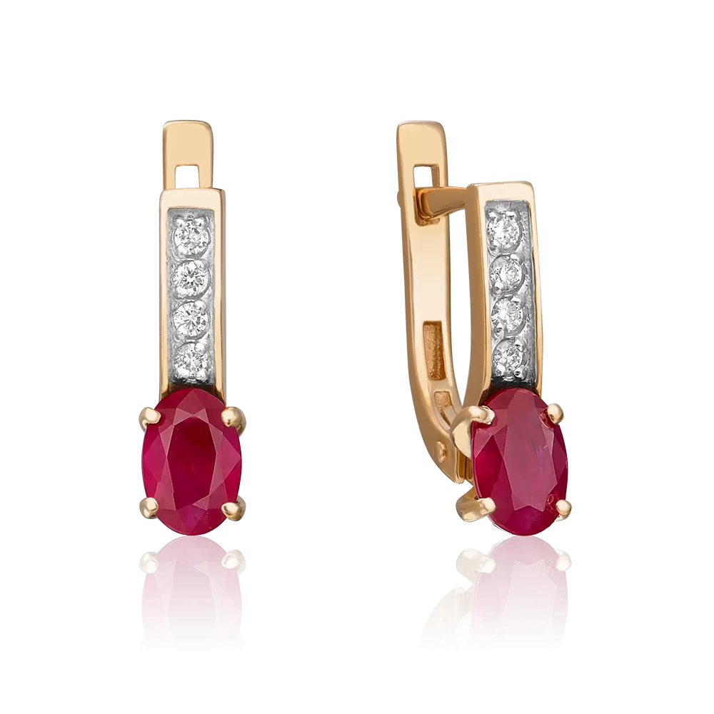 Серьги с английским замком из красного золота с рубином и бриллиантами 02-0303-00-107-1110-30