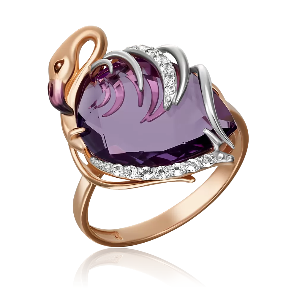 Кольцо «Фламинго» из красного золота с аметистом, натуральными топазами white и эмалью 01-5287-00-225-1110-46