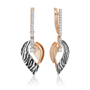 Серьги с принтом «Зебра» из комбинированного золота с фианитами и эмалью 02-5194-00-401-1111