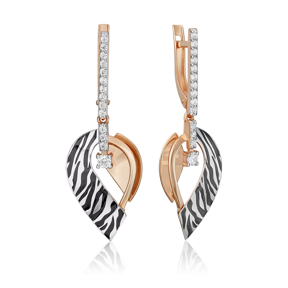 Серьги с принтом «Зебра» из комбинированного золота с фианитами и эмалью 02-5194-00-401-1111
