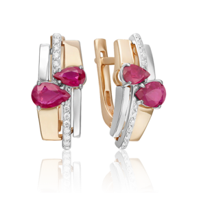 Серьги с английским замком из комбинированного золота с рубинами и бриллиантами