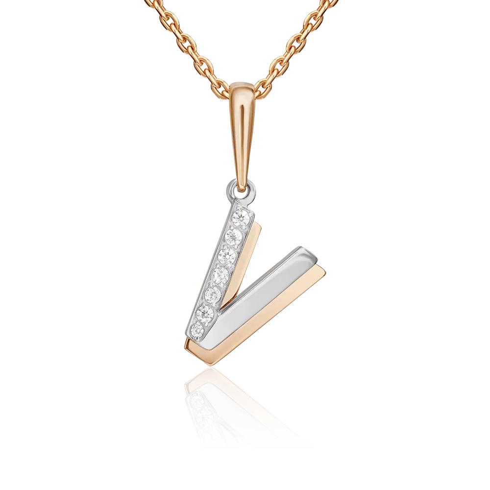 Подвеска «Буква V» из комбинированного золота с фианитами 03-3419-V-401-1111