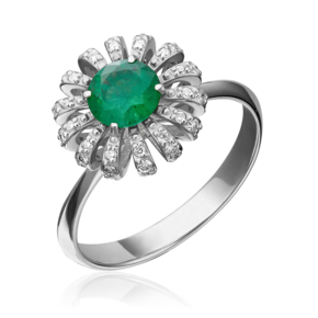 Кольцо из белого золота с изумрудом и бриллиантами
