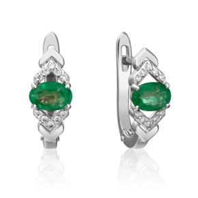 Серьги с английским замком из белого золота с изумрудом и бриллиантами 02-0704-00-106-1120-30
