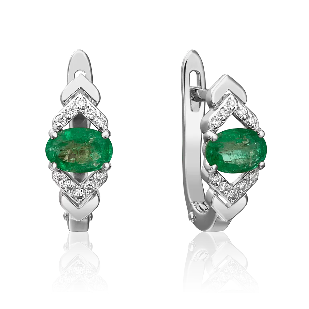 Серьги с английским замком из белого золота с изумрудом и бриллиантами 02-0704-00-106-1120-30