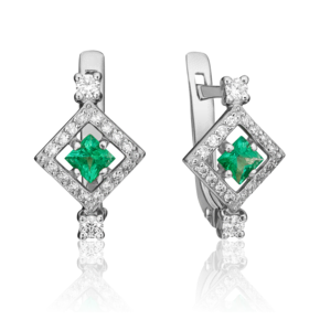 Серьги с английским замком из белого золота с изумрудом и бриллиантами