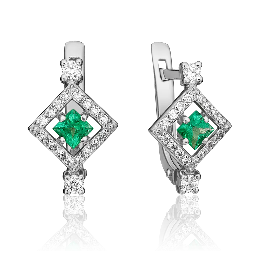 Серьги с английским замком из белого золота с изумрудом и бриллиантами 02-0843-00-106-1120-30
