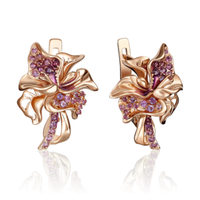 Серьги «Гибискусы» с английским замком из красного золота с аметистами, гранатами и эмалью 02-4081-00-257-1110-57