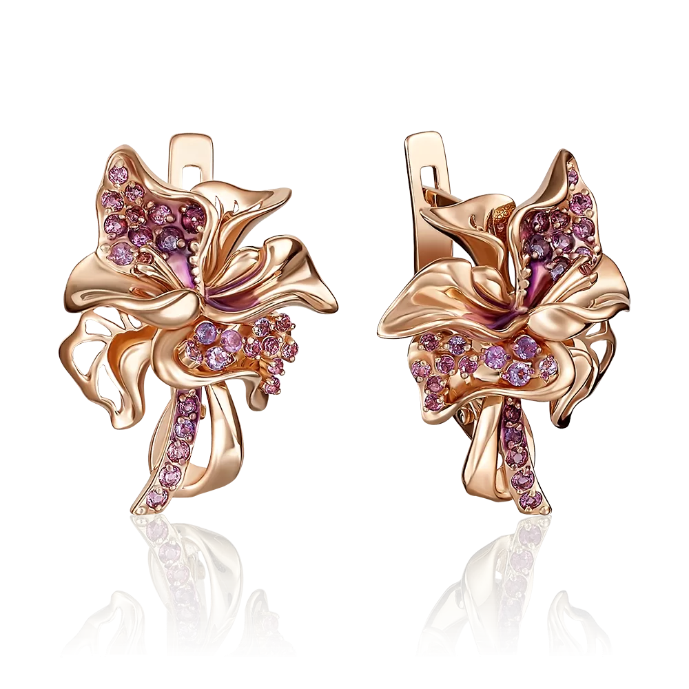 Серьги «Гибискусы» с английским замком из красного золота с аметистами, гранатами и эмалью 02-4081-00-257-1110-57