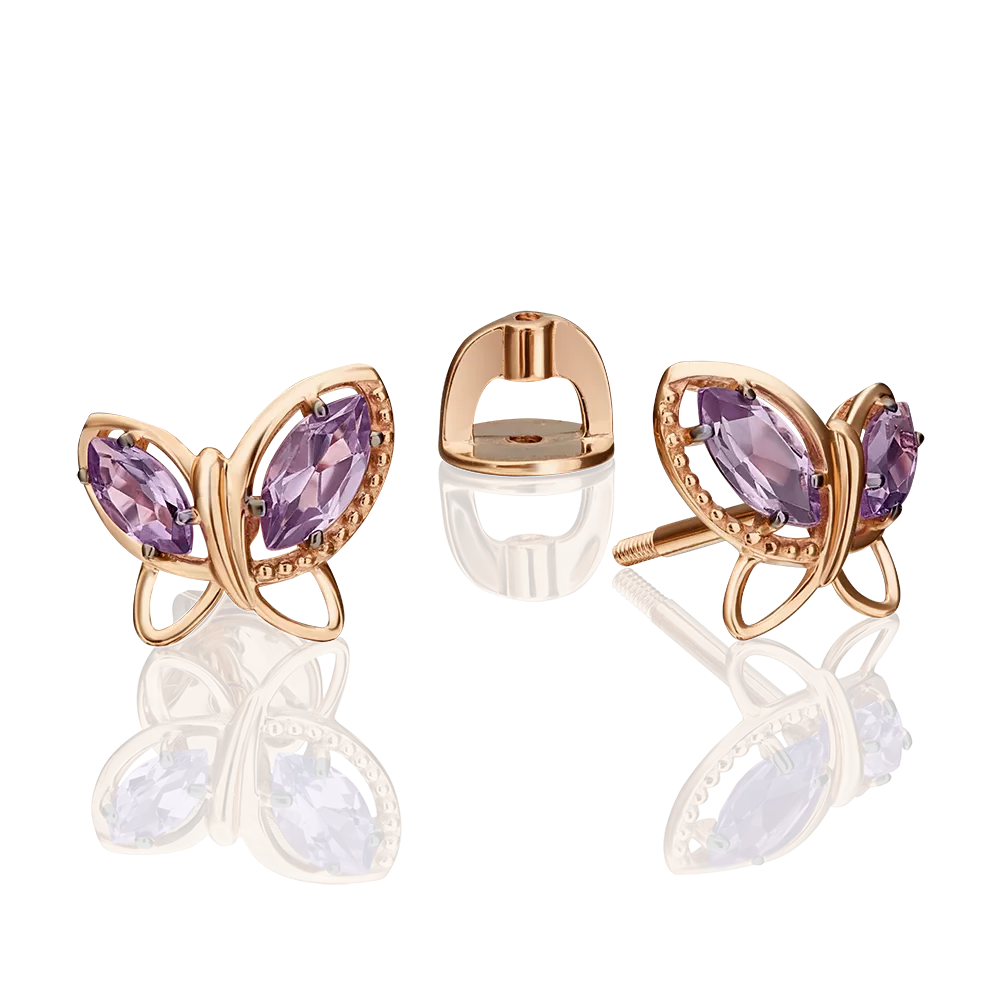 Серьги-пусеты «Бабочки» из красного золота с аметистами 02-4558-00-203-1110-46