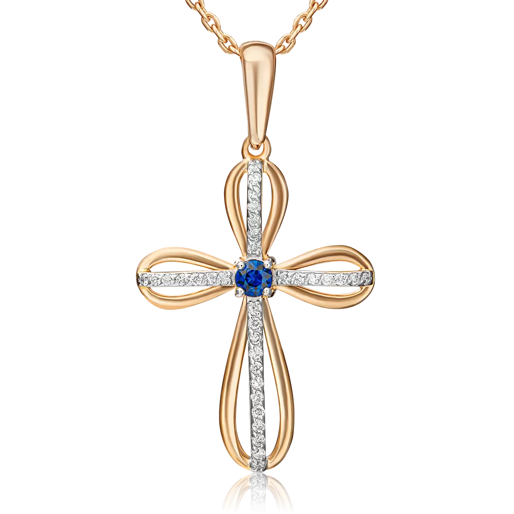 Декоративный крест из комбинированного золота с сапфиром и бриллиантами 03-0416-00-105-1111-30