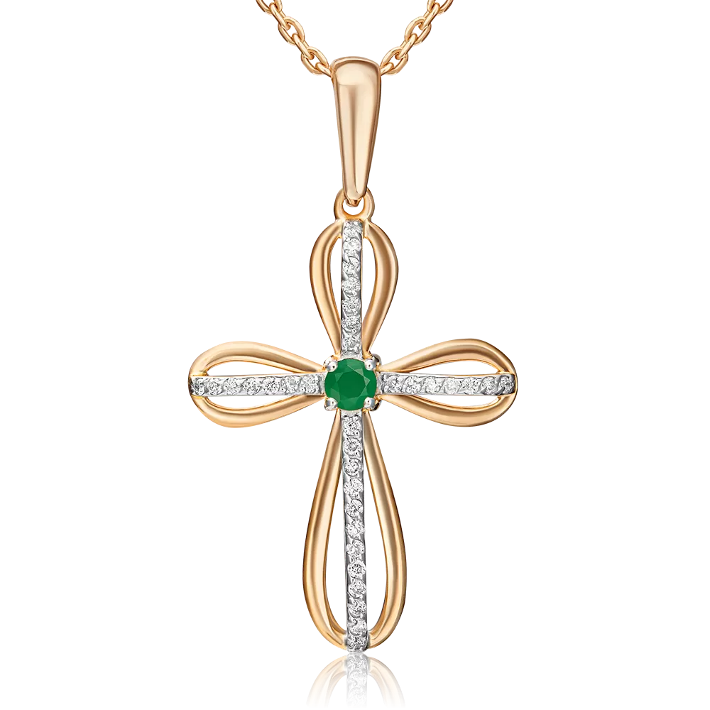 Декоративный крест из комбинированного золота с изумрудом и бриллиантами 03-0416-00-106-1111-30