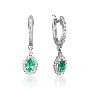 Серьги с английским замком из белого золота с изумрудом и бриллиантами
