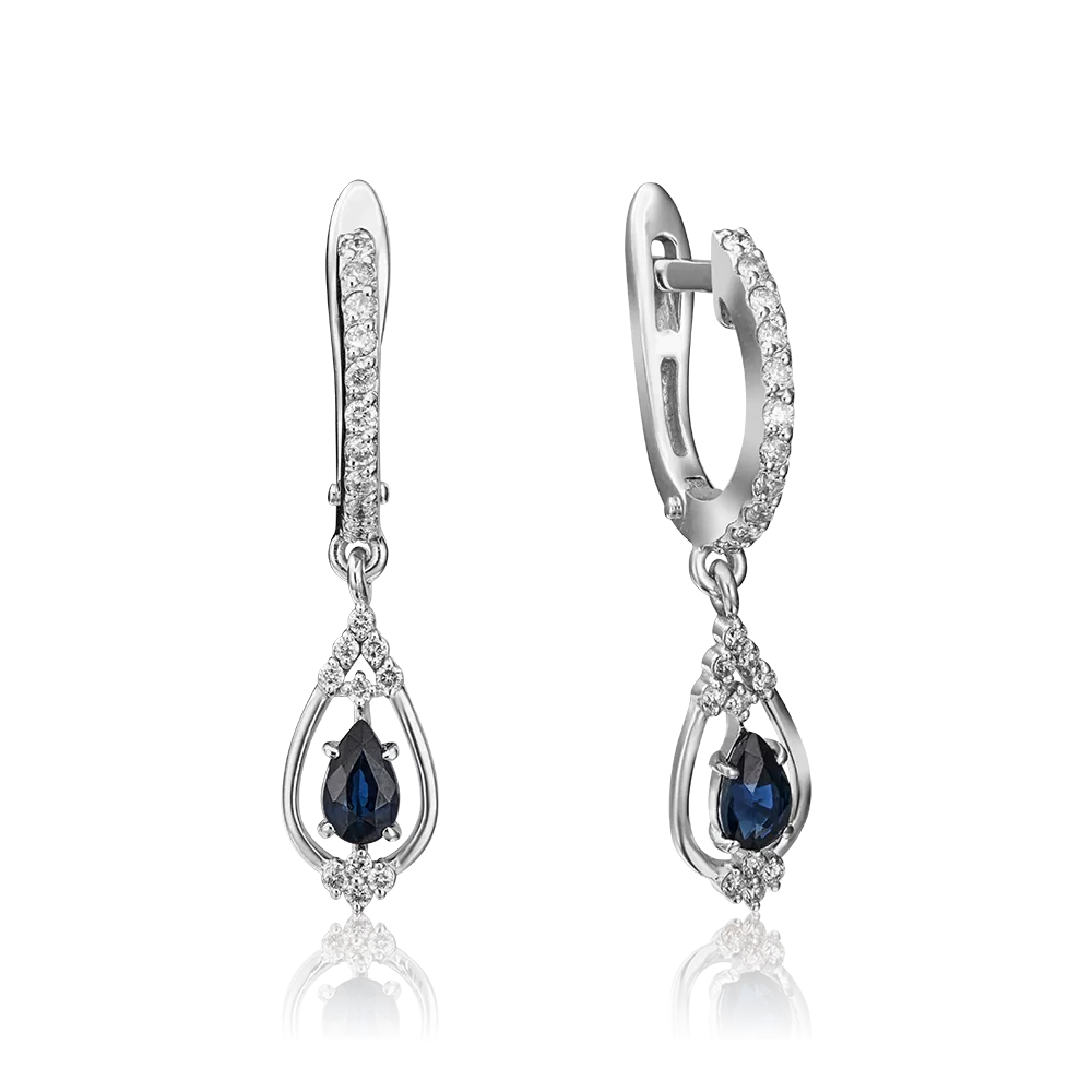 Серьги с английским замком из белого золота с сапфиром и бриллиантами 02-0827-00-105-1120-30