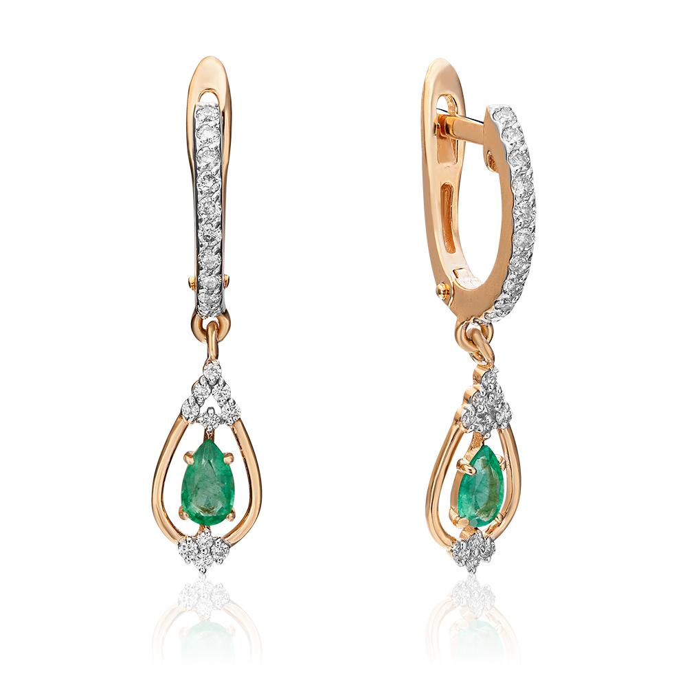 Серьги с английским замком из красного золота с изумрудом и бриллиантами 02-0826-00-106-1110-30