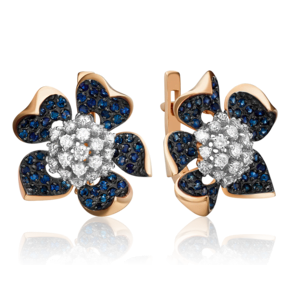Серьги «Пионы» с английским замком из красного золота с бриллиантами и сапфирами