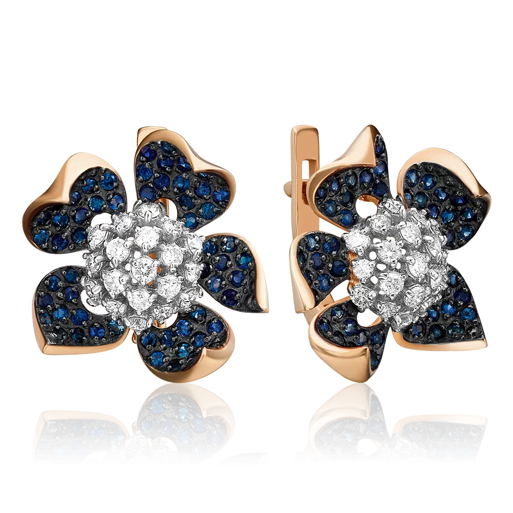 Серьги «Пионы» с английским замком из красного золота с бриллиантами и сапфирами 02-0830-00-105-1110-30