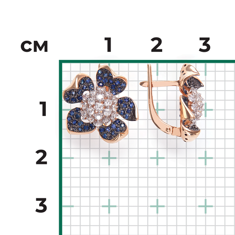 Серьги «Пионы» с английским замком из красного золота с бриллиантами и сапфирами 02-0830-00-105-1110-30