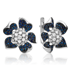 Серьги «Пионы» с английским замком из белого золота с бриллиантами и сапфирами
