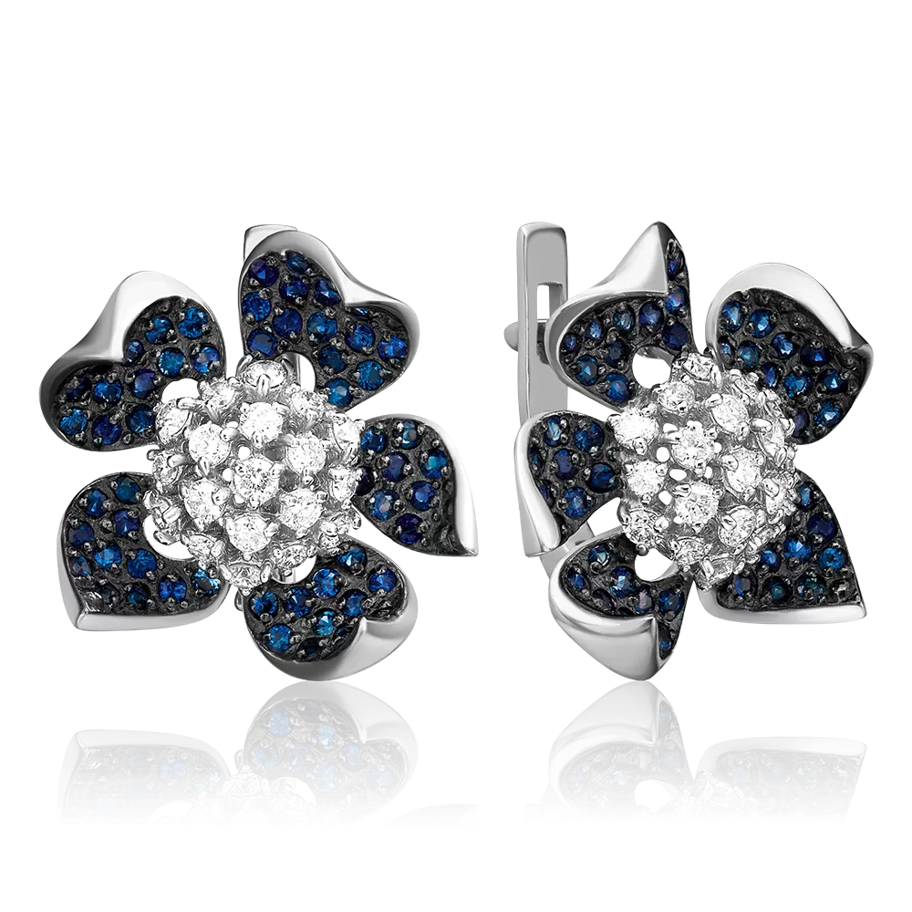Серьги «Пионы» с английским замком из белого золота с бриллиантами и сапфирами 02-0831-00-105-1120-30