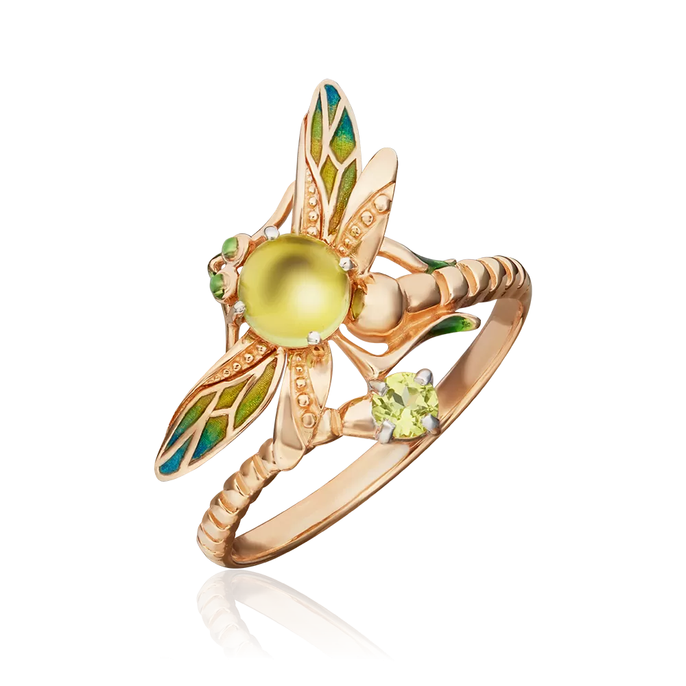 Кольцо «Стрекоза» из красного золота с хризолитами и эмалью 01-5458-00-205-1110-57