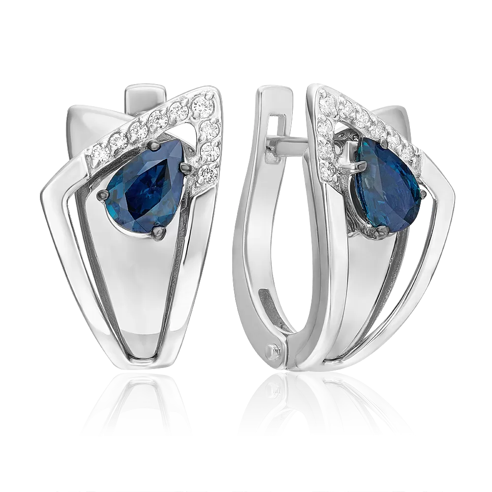 Серьги с английским замком из белого золота с сапфиром и бриллиантами 02-5226-00-105-1120