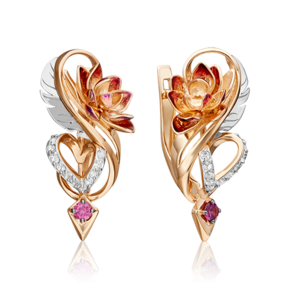 Серьги «Золотой Лотос» (пожелание любви) с английским замком из комбинированного золота с гранатом, натуральными топазами white и эмалью 02-4695-00-264-1111-76