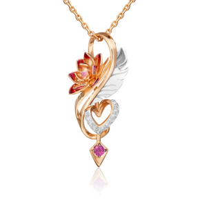 Подвеска «Золотой Лотос» (пожелание любви) из комбинированного золота с гранатом, натуральными топазами white и эмалью 03-3223-00-264-1111-76