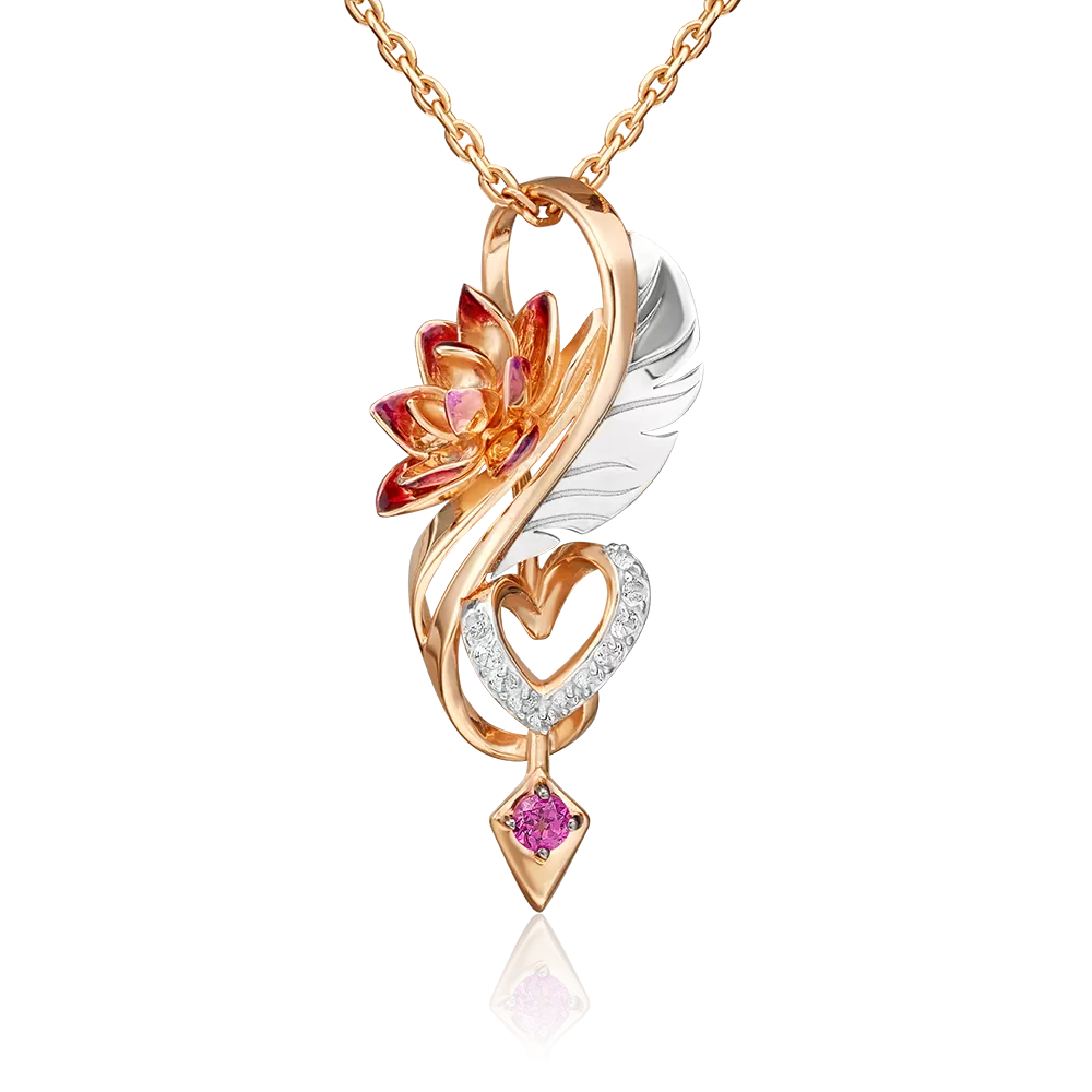 Подвеска «Золотой Лотос» (пожелание любви) из комбинированного золота с гранатом, натуральными топазами white и эмалью 03-3223-00-264-1111-76