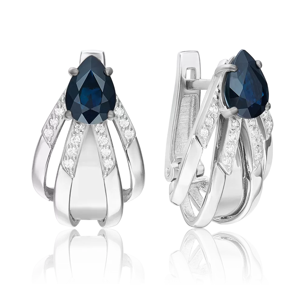 Серьги с английским замком из белого золота с сапфиром и бриллиантами 02-5249-00-105-1120