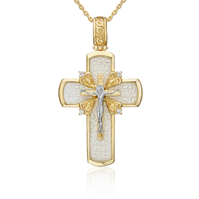 Православный крест из комбинированного золота с бриллиантами и бивнем мамонта 03-0563-00-111-1121-30